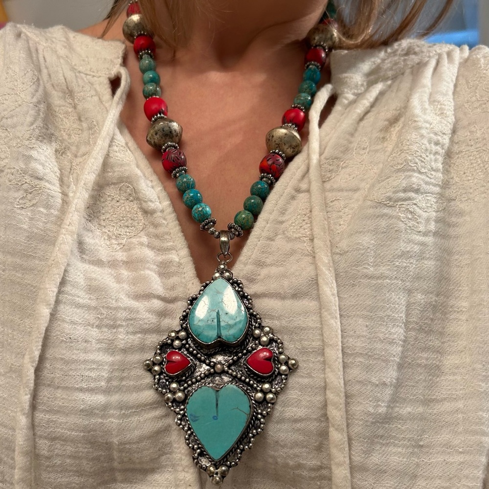 Real Turquoise Double Heart Necklace